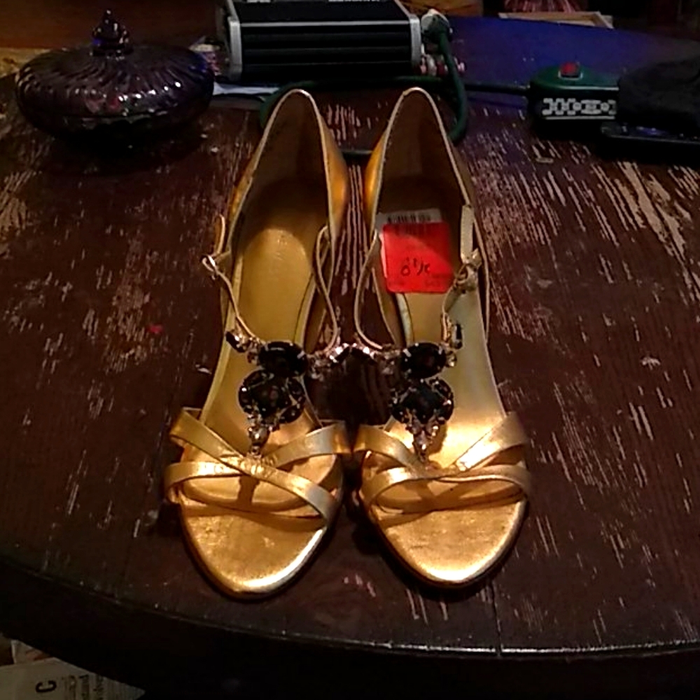 Nine West Gold ankle strap open toe heels